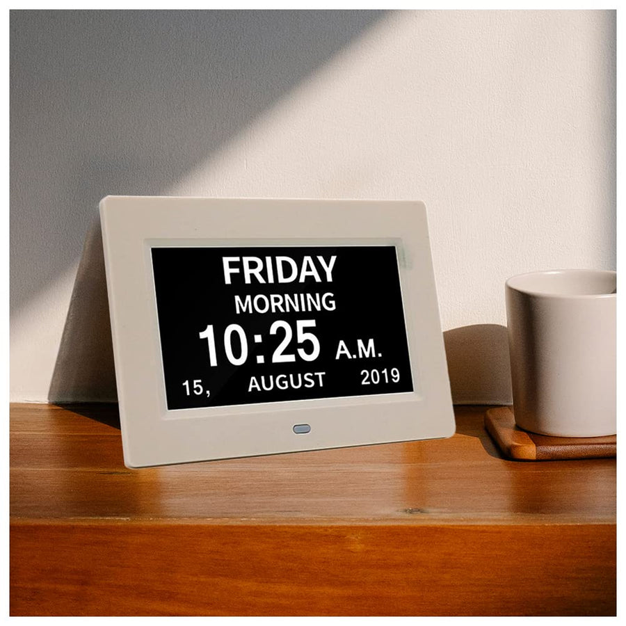 3 Colors Extra Large Impaired Vision Digital Clock with Day and Date for Elderly Calendar Day Clock Auto Dimmable Clock with Non-Abbreviated Year & Month Alarm Clock (7 inch White)