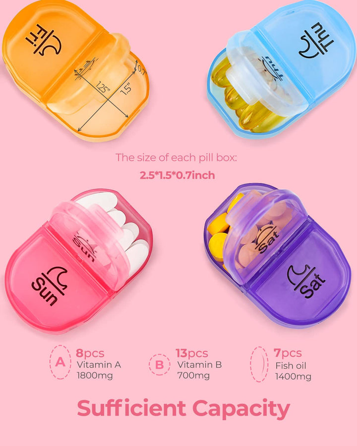 Cute Pill Organizer 2 Times a Day, PU Leather Pill Case for Women, Portable Weekly Pill Box for Purse with Storage Bag to Hold Vitamins, Medications, Fish Oils, Supplements (Pink)