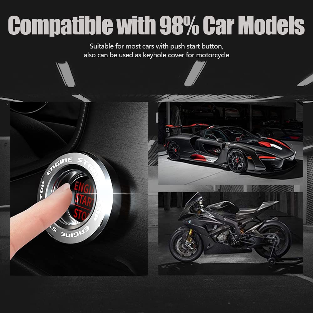 Rotary Push Start Button Cover, Car Engine Push to Start Stop Accessories, Auto Ignition Switch Cover, Cool Motorcycle Car Decor Gift for Christmas New Years Birthday, Silver