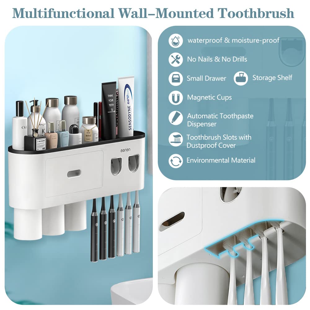 2 Automatic Toothpaste Dispensers, Toothbrush Holder with Squeezer Kit Wall-Mounted, Multifunctional Bathroom Organizer, 2 Magnetic Cups(2 Cups)