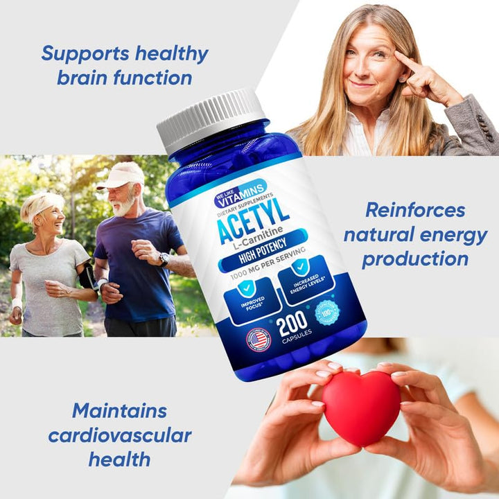 Acetyl L-Carnitine 1000mg Capsules - 200 Easy to Swallow Veggie Capsules - Acetyl l Carnitine Supplement Helps Support Focus, Brain Function, and Energy