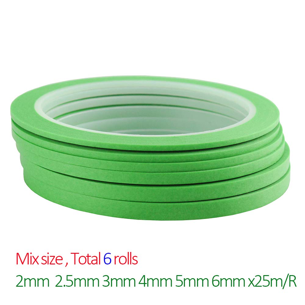6Rolls Washi Masking Tape for DIY Nail Arts Drawing Pattern Making 2mm 2.5mm 3mm 4mm 5mm 6mm x 25m (Green)