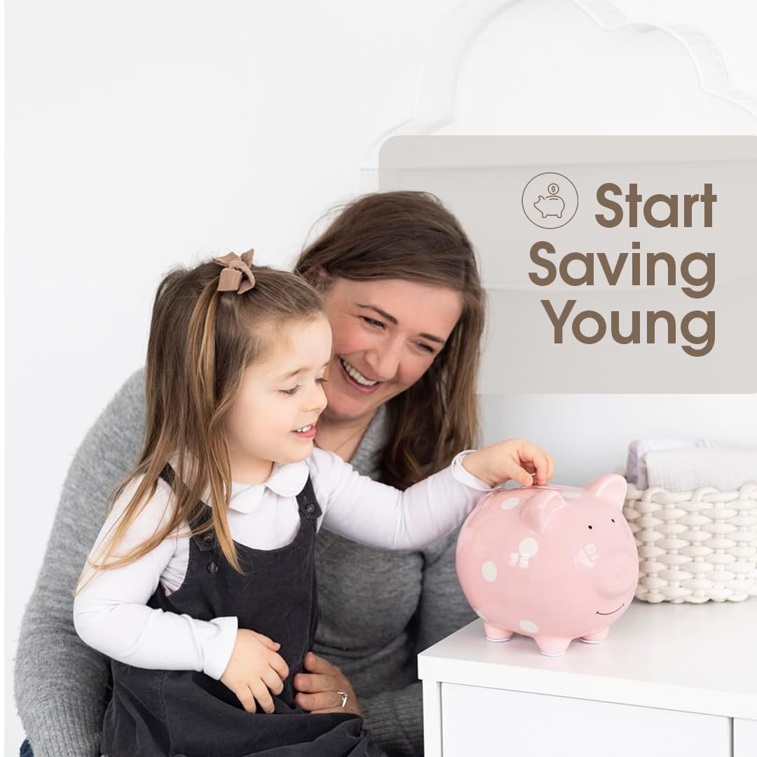 Large Ceramic Piggy Bank, Ideal for Boys and Girls, Kids Money and Coin Bank, Perfect Baby Girl Nursery Décor, Holiday Gift and Newborn Keepsake, Pink Polka Dots