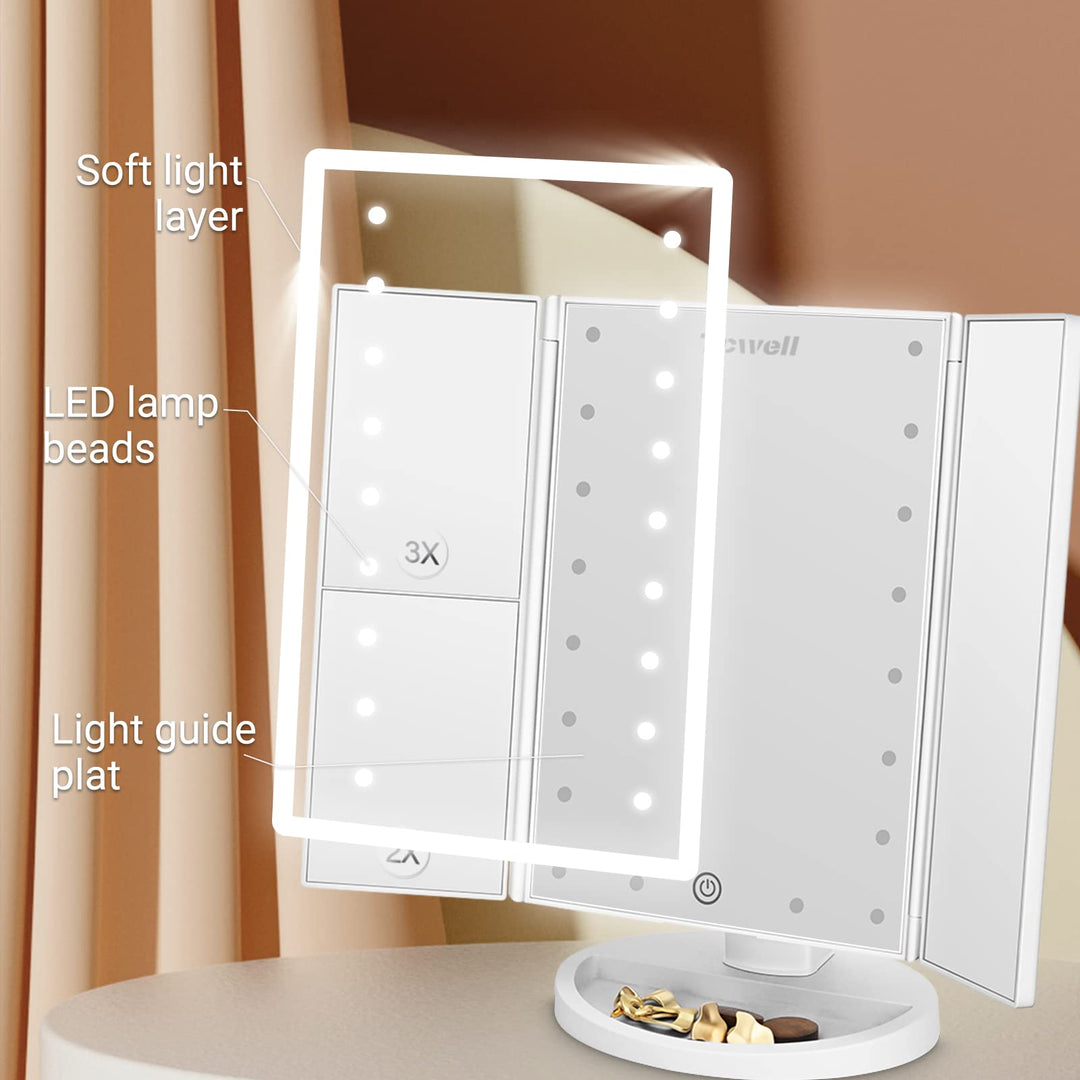 Vanity Mirror Makeup Mirror with Lights, Trifold Makeup Mirror HD 1X 2X 3X Magnification, 21 LED Lights, Touch Control, Dual Power 180°Rotation Portable Beauty Mirror, Gift for Women