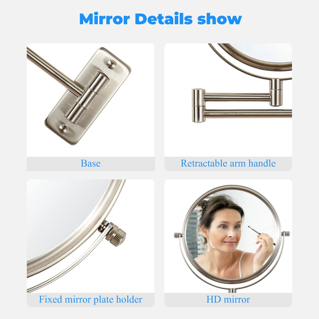 Makeup Mirror Wall Mounted, 1x/ 10x Magnifying Makeup Mirror, 8 Double Sided Make up Mirror with 360 Degree Swivel Extendable Arm, Home Bathroom Shaving Vanity Mirror (Nickel)