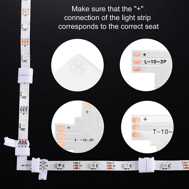 48 Pieces 3 Pin 10 mm LED Strip Connector Kit Includes Gapless Connector L Shape LED Light Corner Connector X Shape and T Shaped LED Adapter Connector for WS2811 WS2812B SK6812 No Soldering LED Strip