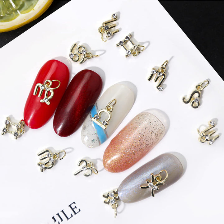 24pcs Gold Zodiac Dangle Nail Charms For Nail Art 3d Charms For Nails Alloy Nail Gems Rhinestones Gold Nail Charms Nail Jewelry For Acrylic Nails Zodiac Charms Nail Piercing Charms For Women