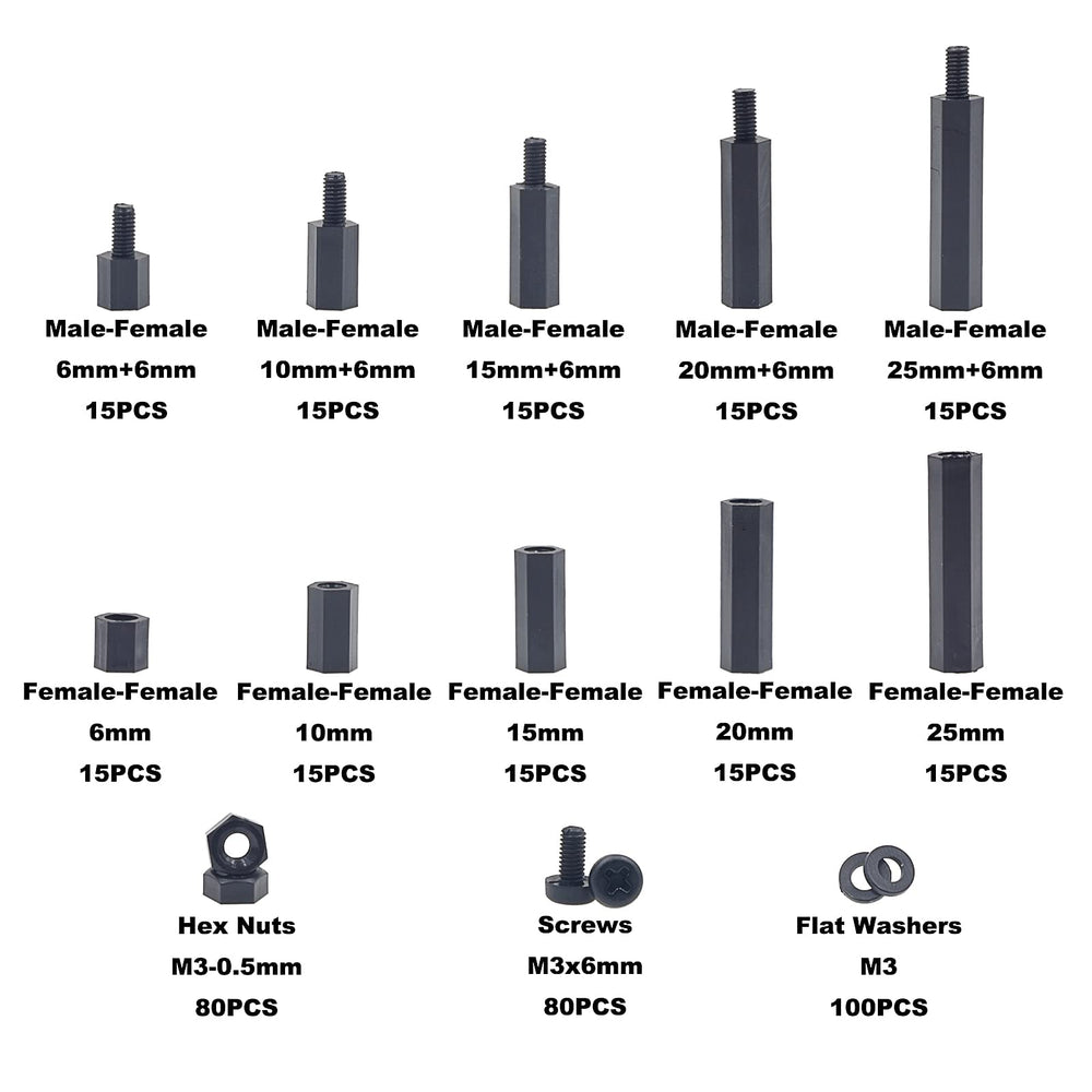 410PCS M3 Nylon Male-Female Hex Standoffs Spacers Screws Nuts Flat Washers Assortment Kit (Black)