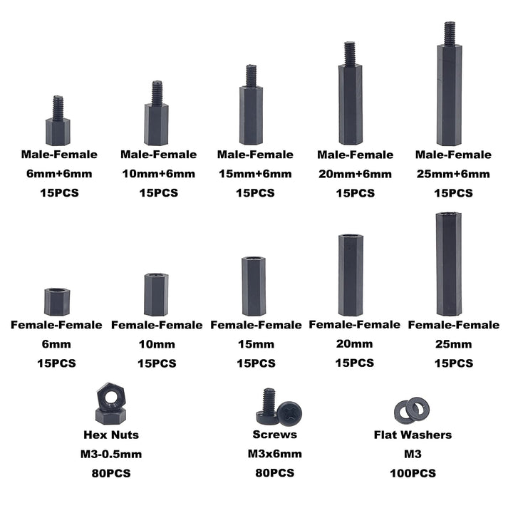 410PCS M3 Nylon Male-Female Hex Standoffs Spacers Screws Nuts Flat Washers Assortment Kit (Black)