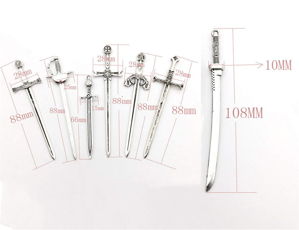 14pcs (7 styles) Sword Katana Knife Bookmark Charms Collection Craft Supplies, Antique Silver Tone, Charms Pendants for Crafting, Jewelry Findings Making Accessory for DIY Necklace Bracelet