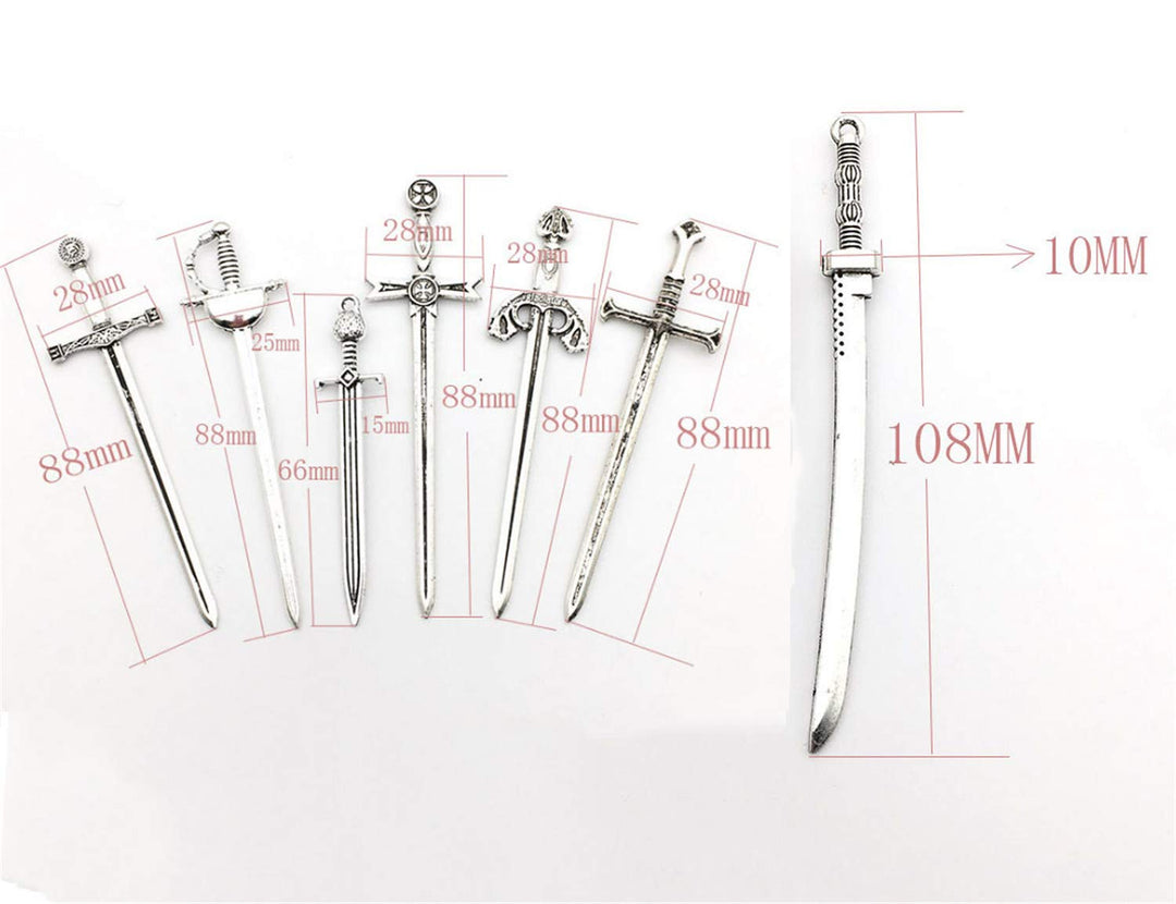 14pcs (7 styles) Sword Katana Knife Bookmark Charms Collection Craft Supplies, Antique Silver Tone, Charms Pendants for Crafting, Jewelry Findings Making Accessory for DIY Necklace Bracelet