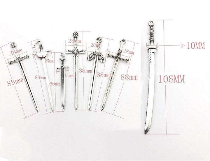 14pcs (7 styles) Sword Katana Knife Bookmark Charms Collection Craft Supplies, Antique Silver Tone, Charms Pendants for Crafting, Jewelry Findings Making Accessory for DIY Necklace Bracelet