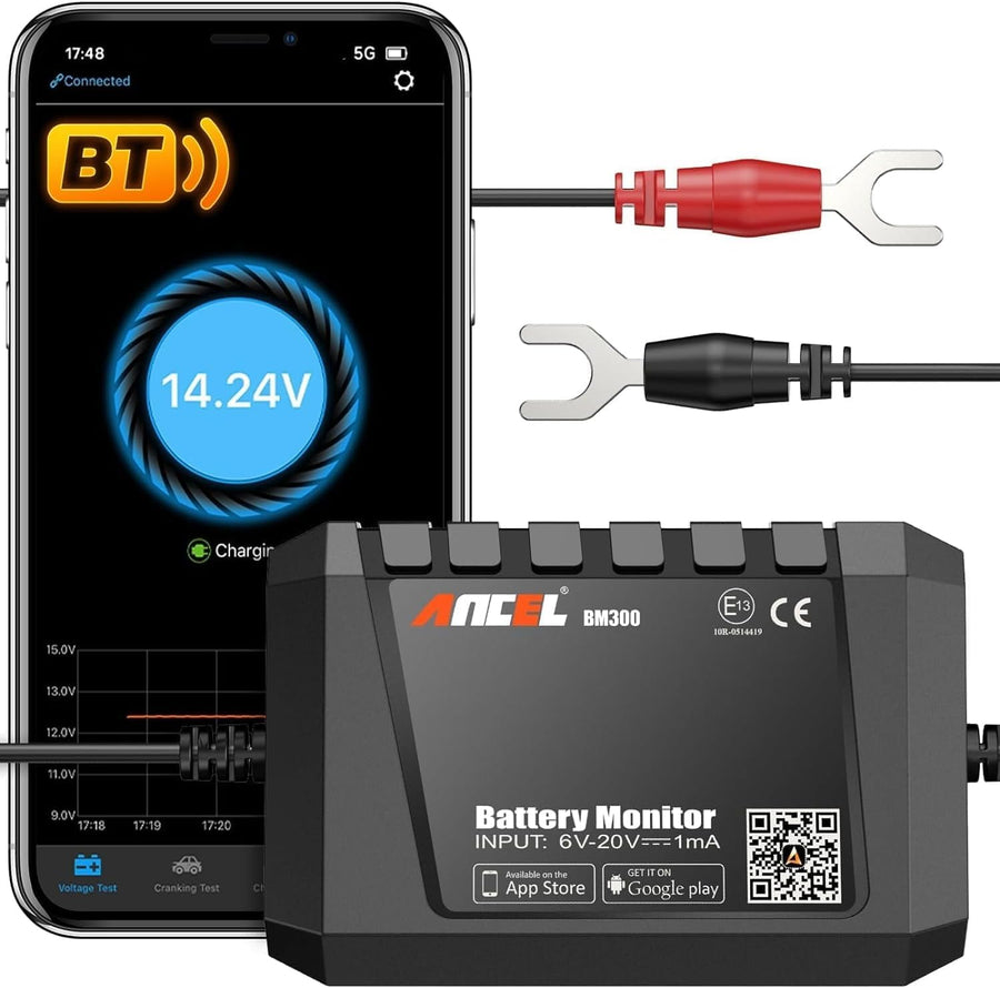 BM300 12V Battery Monitor - Bluetooth 4.0 Automotive Voltmeter with Charging, Cranking System Test & Alarm - Compatible for Solar Power Systems, RVs, Motorcycles, Boats, Cars, and Trucks