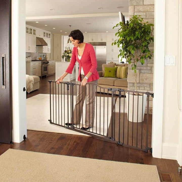 72” wide Deluxe Décor Baby Gate: Sturdy safety gate with one hand operation. Extra wide baby gate. Hardware Mount. Fits 38.3 - 72” Wide. (30 Tall, Matte Bronze)