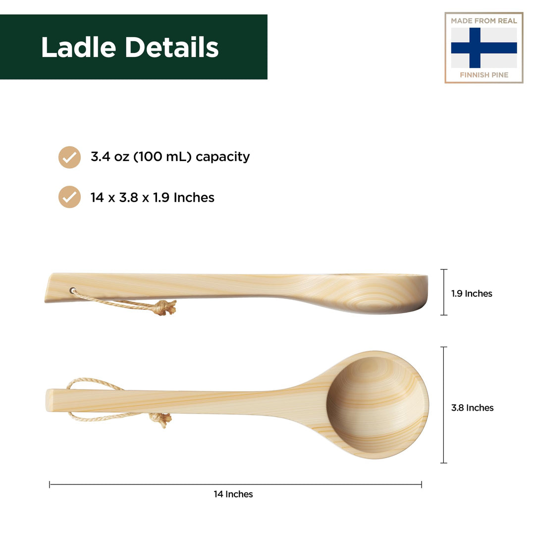 - Sauna Ladle - Handmade from Finnish Pine Wood - Natural Rope - 14 Handle & 3.4 oz (100 mL) Capacity Spoon