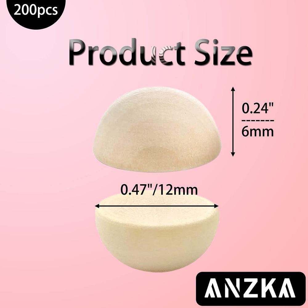 200pcs Mini Half Wooden Beads, 12mm Unfinished Round Split Wood Balls for Craft Paint, 1/2 inch Diameters Natural Half Sphere Ornaments