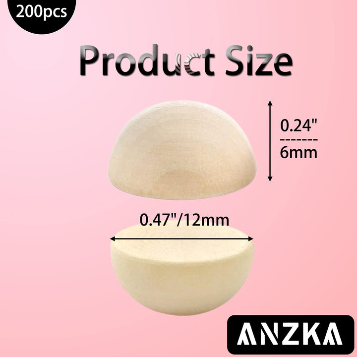 200pcs Mini Half Wooden Beads, 12mm Unfinished Round Split Wood Balls for Craft Paint, 1/2 inch Diameters Natural Half Sphere Ornaments