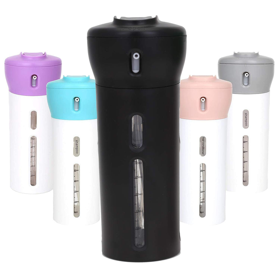 4-in-1 Travel Bottle Dispenser, TSA Approved, Includes Four Empty Reusable 1.4 oz. (40 mL) Cosmetic Toiletry Containers for Sanitizer, Soap, Lotions, Skincare, Makeup Products (Black)