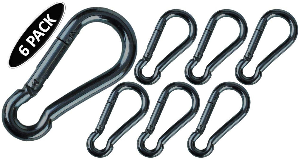 Black & Silver Zinc-Galvanized Heavy Duty Bushcraft Carabiner Spring Snap Clip Link Hooks 200-500lb Load 2, 6 & 12 Packs (Black-5cm-6 Pack)