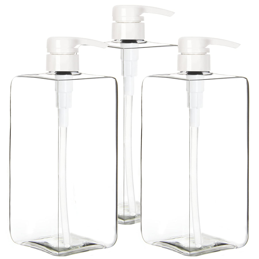 3 Pack Pump Bottles for Shampoo 32 Ounce (1 Liter), Square Empty Shampoo Pump Bottles, Plastic Cylinder with Lockdown Leak Proof Pumps