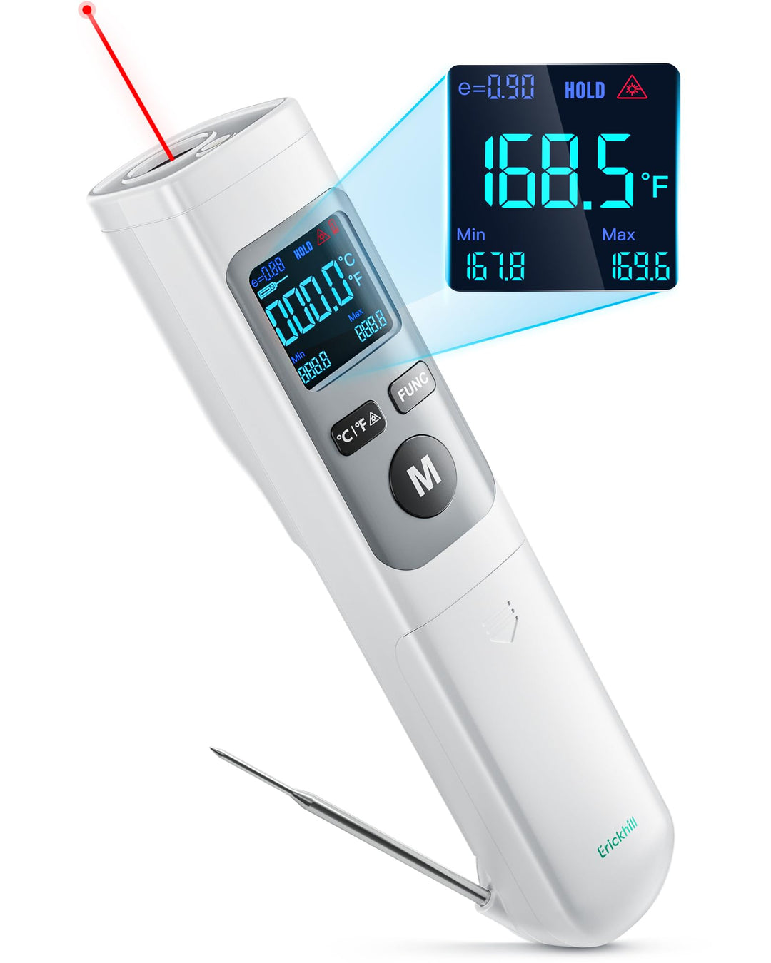 Infrared Thermometer -58°F~1112°F, Heat Temp Temperature Gun for Cooking, Adjustable Emissivity - for Cooking, Pizza Oven, Meat, Griddle, Grill, HVAC, Engine, Meat Thermometer Included