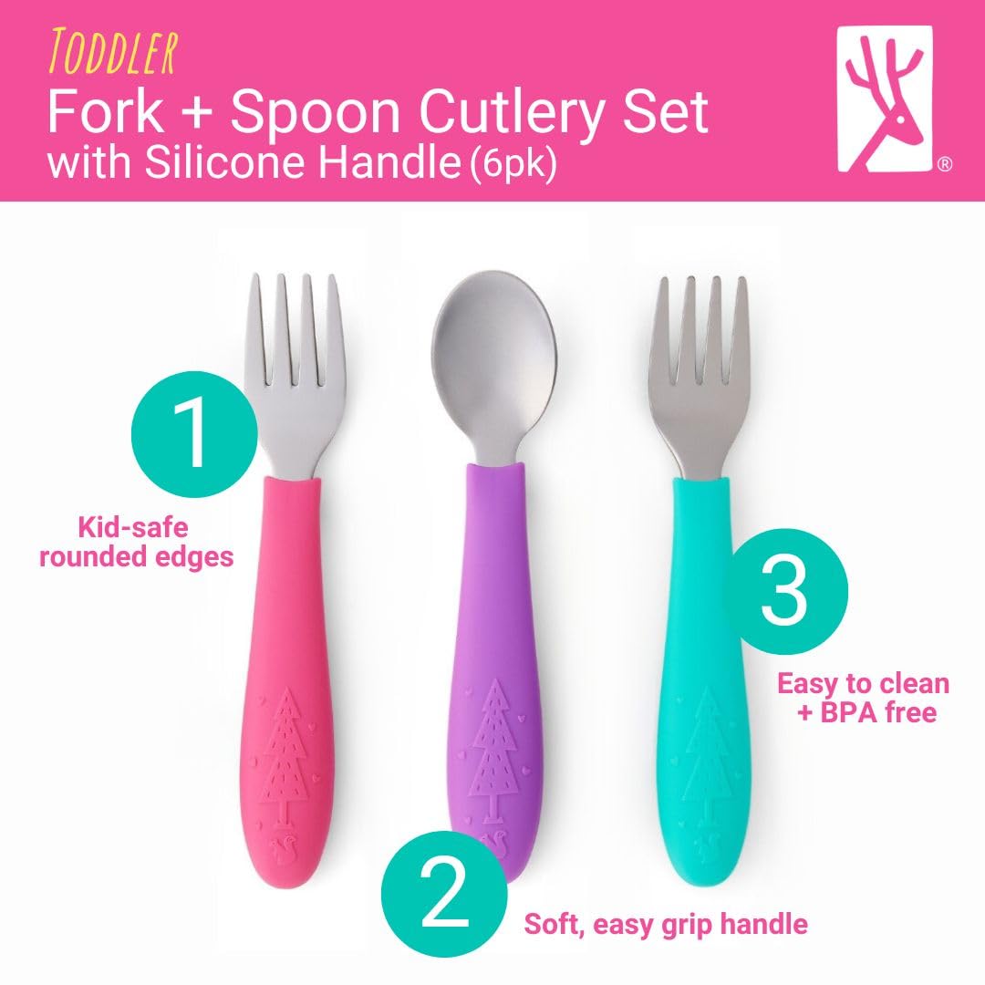 Kids Silverware with Silicone Handle | Childrens Safe Flatware | Toddler Utensils | Baby Spoons + Forks | Stainless Steel Cutlery