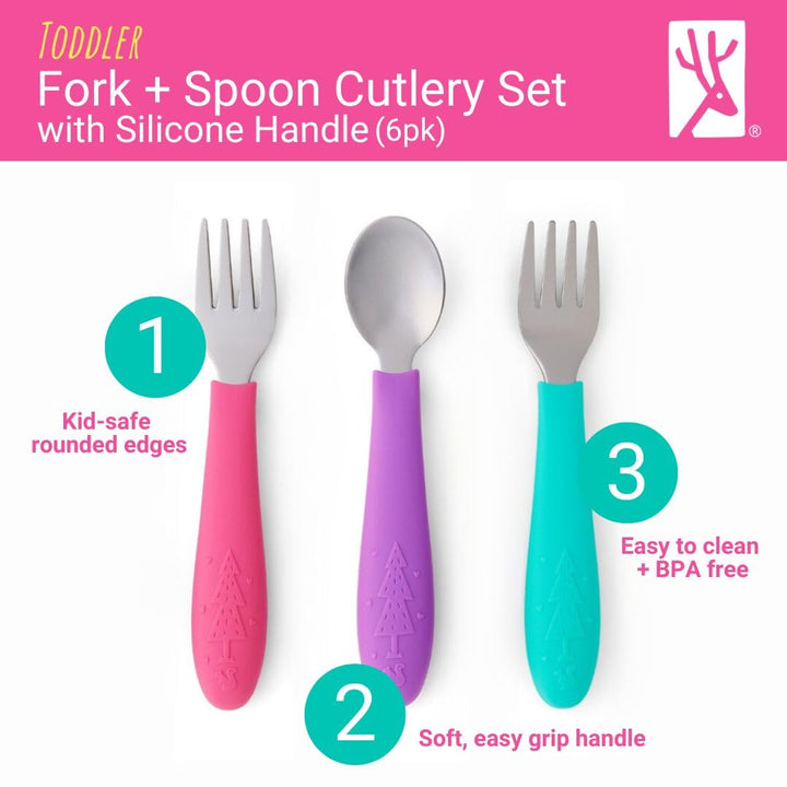 Kids Silverware with Silicone Handle | Childrens Safe Flatware | Toddler Utensils | Baby Spoons + Forks | Stainless Steel Cutlery