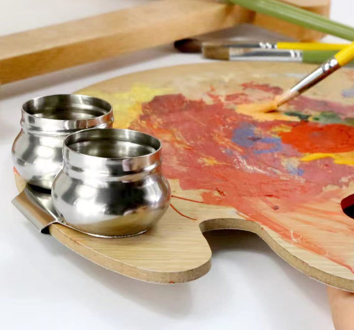 Palette Cup with Lid, Stainless Steel Double Dipper Oil Painting Pot Container, No Leakage, Can Clip on Palette