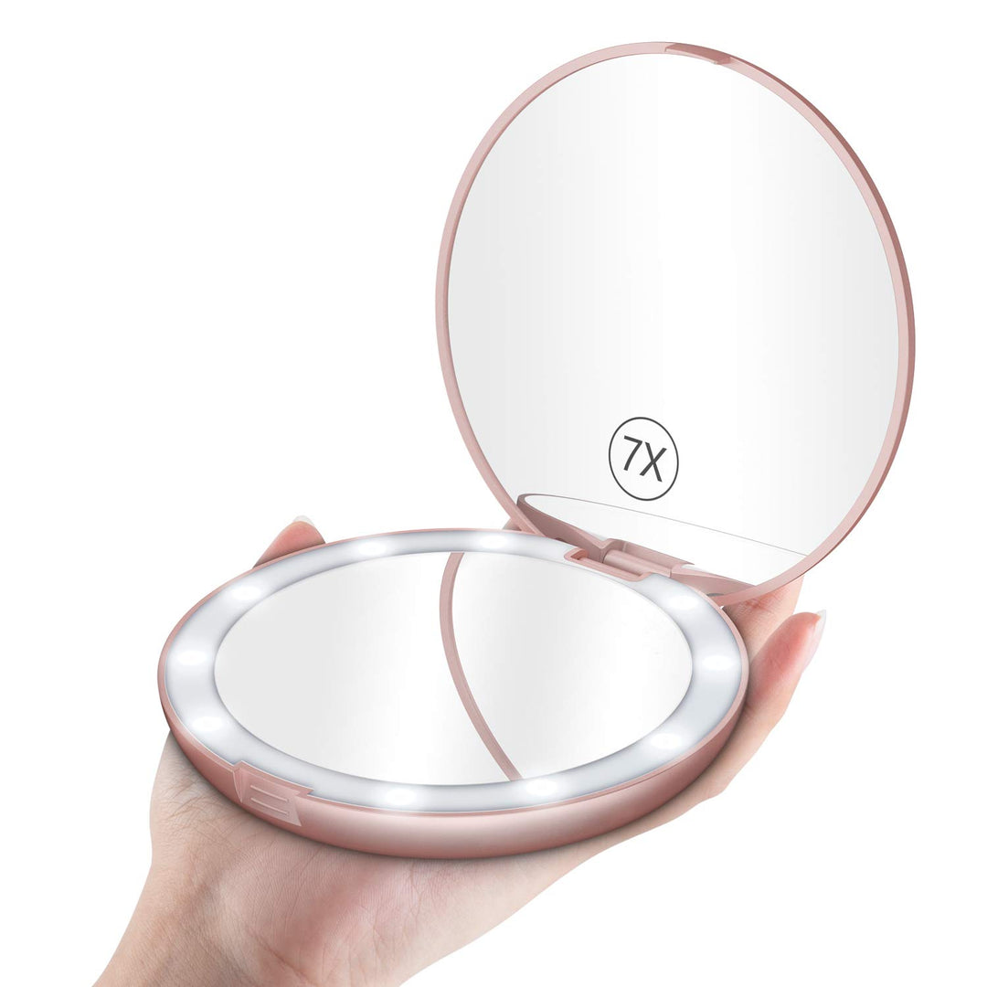LED Lighted Travel Makeup Mirror, 1x/7x Magnification, 5 Inch Dual Sided Vanity Mirror with Lights Portable Compact Illuminated Cosmetic Mirror – Perfect for Handbag Rose Gold