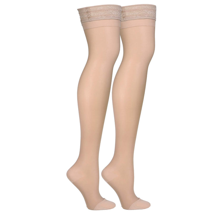 Sheer Compression Stockings, 15-20 mmHg, Women's Thigh High Length, 20 Denier, Nude, Small