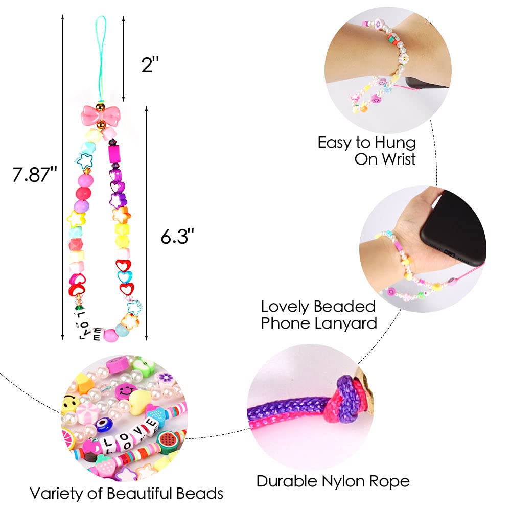 Beaded Phone Charm Strap, 4 Pcs Handmade Phone Chain Phone Bracelet Lanyard Wrist Fruit Star Pearl Rainbow Color Beaded for Women Summer Beach Accessory