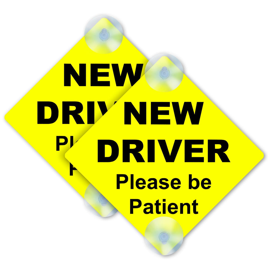 2 PC New Driver Sign - 5 x 5 Teen Driver Please Be Patient Car Window Signs with Suction Cups - Student Driver Signs for Car - Yellow Rookie Car Signs