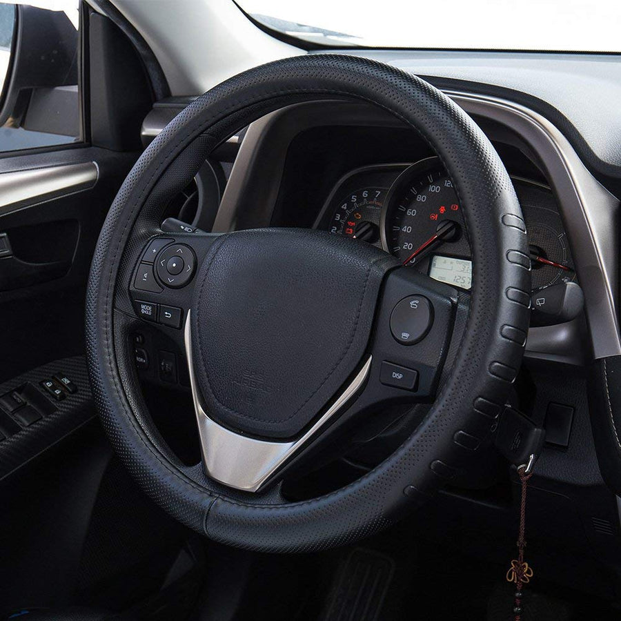 Fms Genuine Leather Car Steering Wheel Cover Universal 15.5 Inch Automotive Interior Accessories-Black, Durable, Breathable, Anti Slip, Odorless