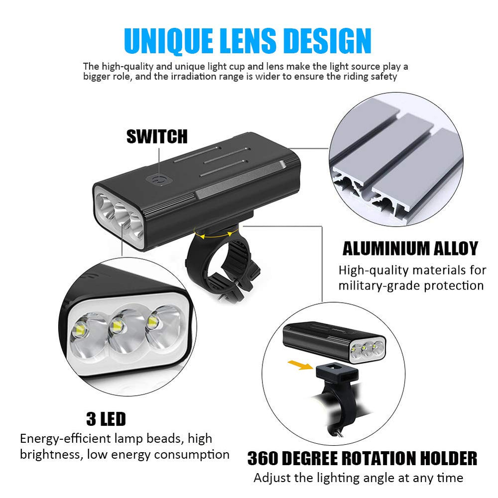 USB Rechargeable Bike Light Set - 3000 Lumens Bike Headlight Super Bright Waterproof Bicycle Light and Taillight for Road Bike, BMX