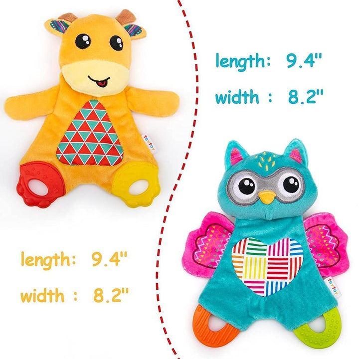 2 Pcs Crinkle Toys for Baby with Teether, Baby Teething Sensory Toys Newborn Bib Saliva Soother Towel, Soft Snuggle Sleeping Security Blanket for Unisex Babies 0-36 Months Gifts(Owl and Deer)