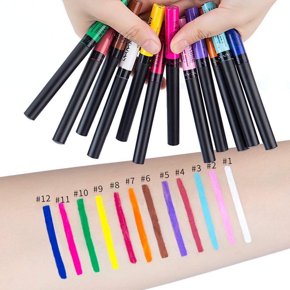12 Colors Matte Colorful Liquid Eyeliner Set, High Pigmented Color Eyeliner Lasting Waterproof Professional Bright-colored Eyeliner Pen Set -Smudgeproof Makeup Eyeliner Pen