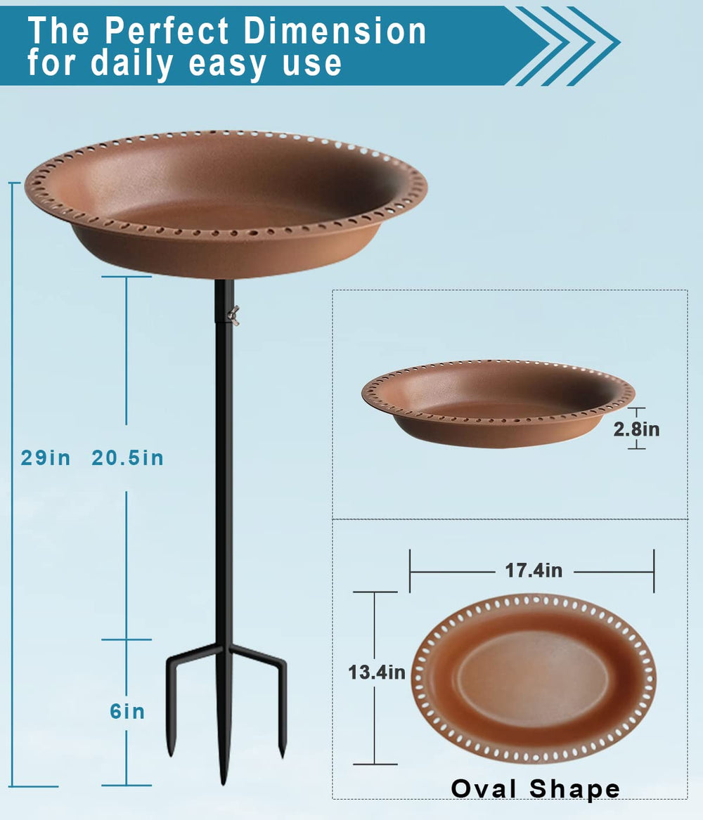 1-¼ Gallon Detachable Free Standing Garden Bird Bath Bird Feeder Bowl with Metal Stake for Outdoor, Bird Friendly Color - Deep Brown, 29 Inch