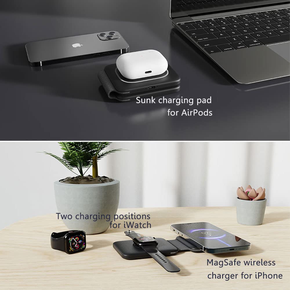 Foldable Wireless Charger Station 3 in 1, 15W Magnetic Fast Travel Charging Pad for Multiple Devices (White)