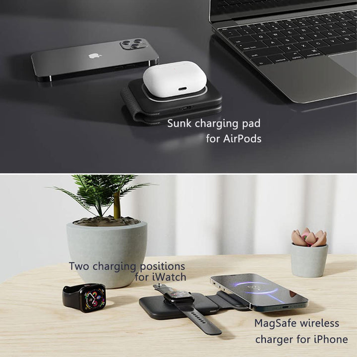 Foldable Wireless Charger Station 3 in 1, 15W Magnetic Fast Travel Charging Pad for Multiple Devices (White)