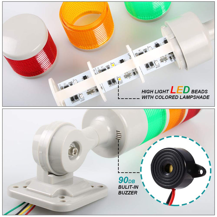 Led Signal Tower Stack Lights, Industrial Signal Warning Lights, Column Tower Lamp Andon Lights with Rotatable Base, Steady/Flashing Light Switchable,12V 24V DC(3-Layer, no Buzzer)