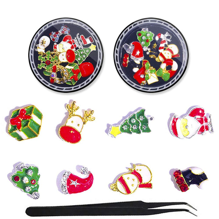 20 Pcs Christmas 3D Metal Nail Art Studs Set Snowman Tree Nail Charm Nail Rivet Kit Manicure Jewelry With 1Pc Tweezers And Picker Pencil