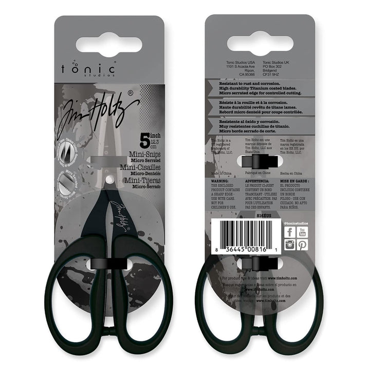Tim Holtz Small Scissors - 5 Inch Mini Snips with Micro Serrated Blade - Craft Tool for Cutting Paper, Fabric, and Sewing - Titanium with Black Comfort Grip Handles