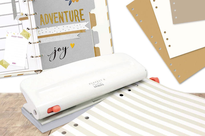 Adjustable 6 Hole Punch, Off White, 8 Sheet Capacity, Mini/Pocket A3/ A4 / A5 / A6 / Agenda/Personal/Deskfax, Performance Guaranteed