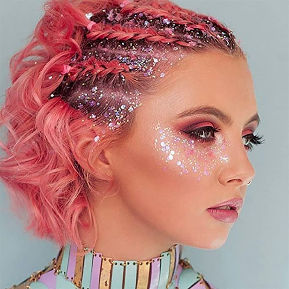 Pink Body Glitter Stick, Singer Concert Outfit Face Glitter Makeup, Festival Rave Pride Accessories, Hair Glitter Gel for Kids Women, Sparkling Mermaid Sequin Chunky Glitter Face Paint, 0.56oz