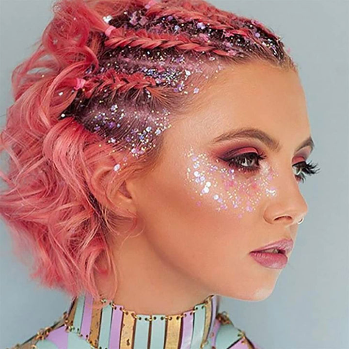 Pink Body Glitter Stick, Singer Concert Outfit Face Glitter Makeup, Festival Rave Pride Accessories, Hair Glitter Gel for Kids Women, Sparkling Mermaid Sequin Chunky Glitter Face Paint, 0.56oz