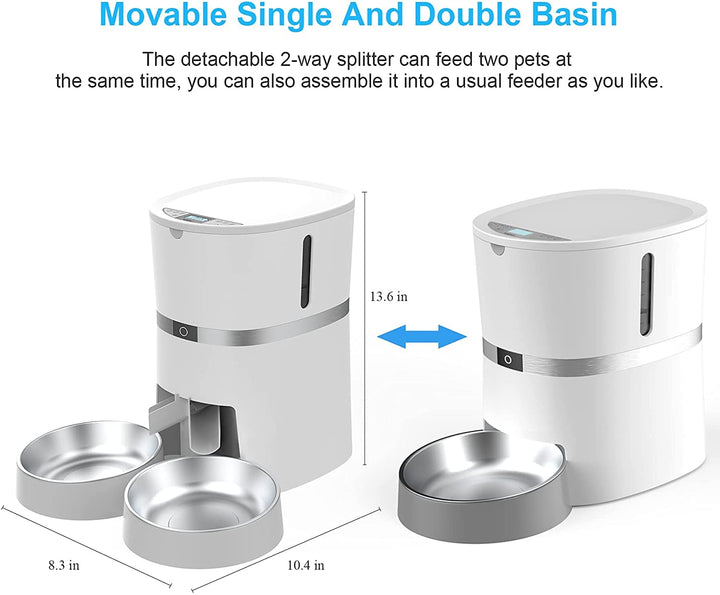 Automatic Cat Feeder, Smart Pet Food Dispenser with APP Control,WiFi Enabled Automatic Feeder for Dogs, Cats & Small Pets, Double Stainless Steel Bowls,6 Meals Portion Control and Voice Recording