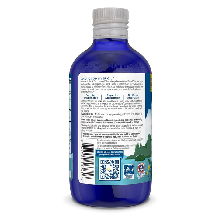 Arctic Cod Liver Oil, Lemon - 8 oz - 1060 mg Total Omega-3s with EPA & DHA - Heart & Brain Health, Healthy Immunity, Overall Wellness - Non-GMO - 48 Servings