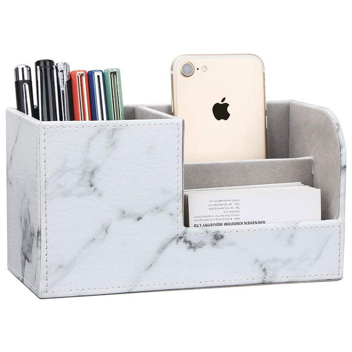 Desk Organizer Office Supplies Caddy Pu Leather Multi-function Storage Box Pen/Pencil,Cell phone, Business Name Cards Remote Control Holder Gray Marble