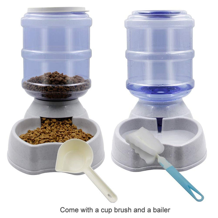 Automatic Cat Feeder and Water Dispenser Set, 1 Gal x 2 Gravity Dog Water Fountain Pet Food Feeder (Grey)