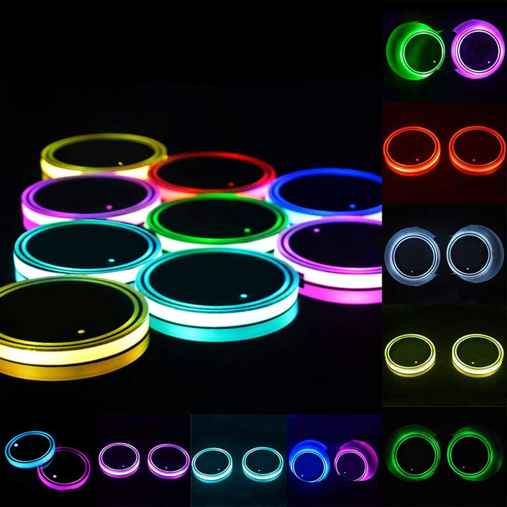 Led Cup Holder Lights, 2 Pieces Car Cup Holder led Lights with 7 Colors USB Charging Mat Cup Pad Coaster Insert LED Interior Atmosphere Lamps